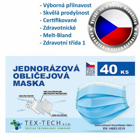 Zdravotnické roušky jednorázové tř.1 - 40ks - Český výrobek